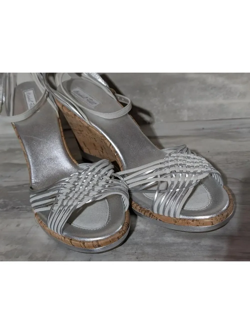 Marshall Fields  Silver Woven Strap Cork Wedge Sandals Sz 10M
